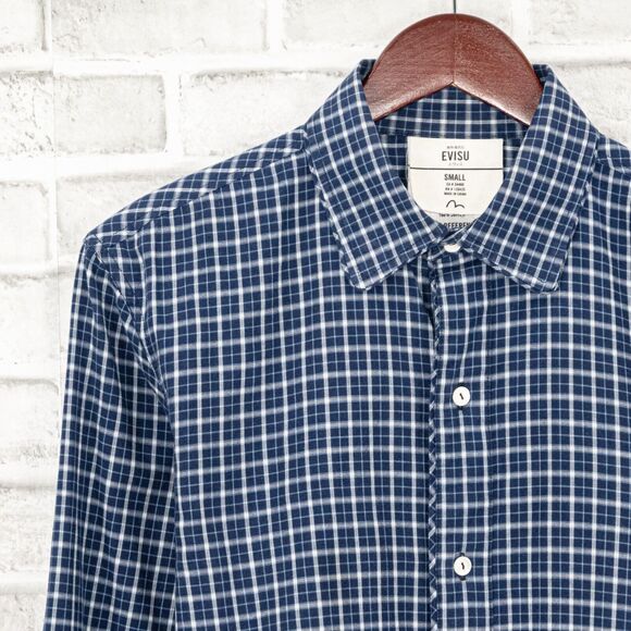 EVISU Men's Button up Shirt Long Sleeve Blue check Cotton Size Small - Picture 5 of 8